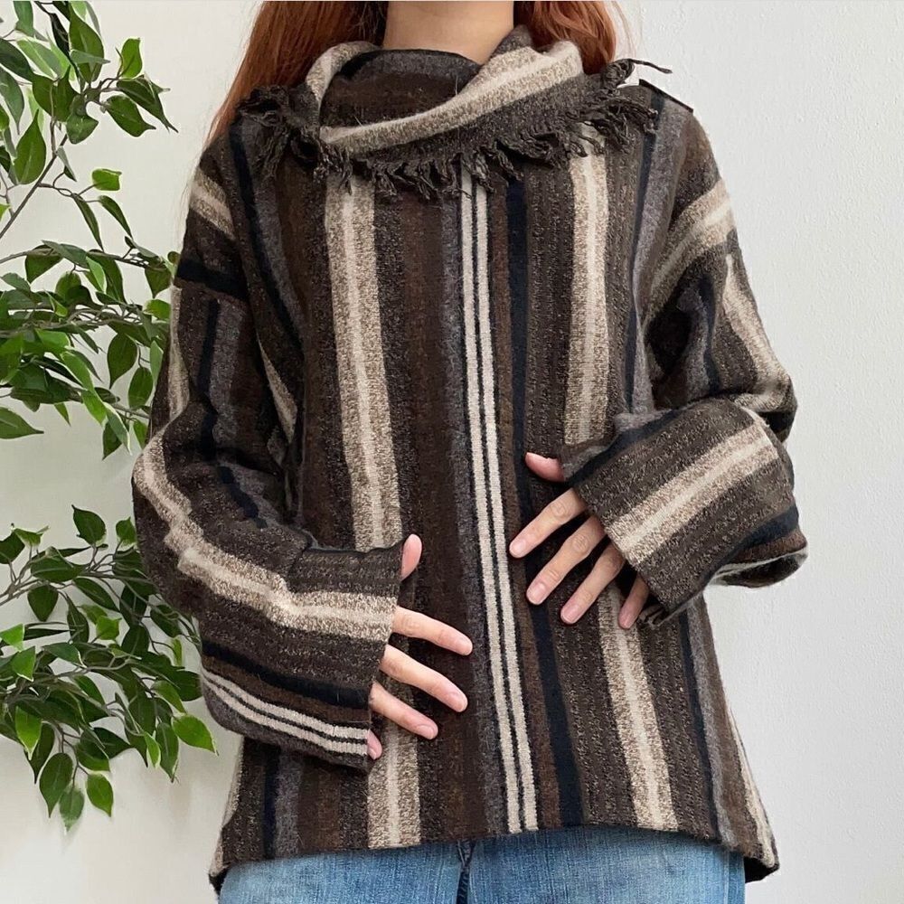 JNY XL 100% Lambswool/Silk Blend Brown/ Cream/Blk Fringe Neck Oversized Sweater